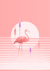 Abstract jungle! vector decorative illustration of tropical bird - pink flamingo. Hand drawn geometric art for poster, postcard, fabric, packaging, templates. EPS10