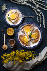 foodstyling of sweet crepes and oranges