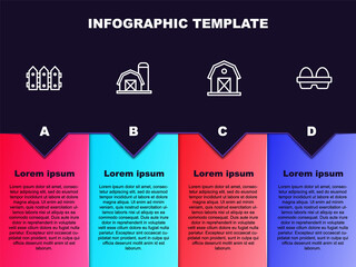 Set line Garden fence wooden, Farm house, and Chicken egg in box. Business infographic template. Vector