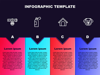 Set line Collar with name tag, Pet shampoo, Dog house and . Business infographic template. Vector
