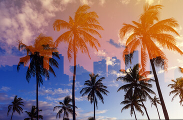 Double exposure. Palm trees and city buildings. Vacation concept.