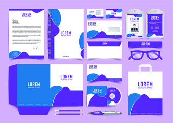Stationery Corporate Brand Identity Mockup set with blue and purple  abstract geometric design. Business stationary mockup template of Guide, annual report cover, brochure, bag, corporate Letterhead.