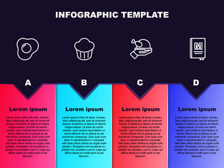 Set line Scrambled eggs, Cupcake, Roasted turkey or chicken and Restaurant cafe menu. Business infographic template. Vector