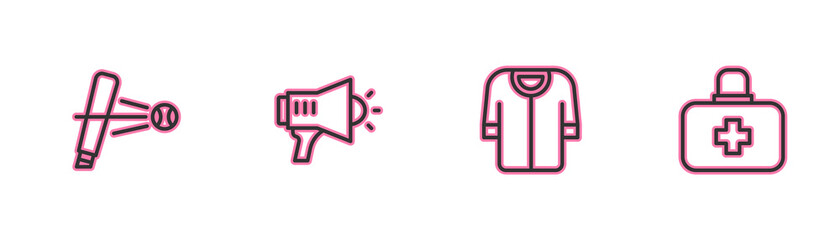 Set line Baseball bat with ball, t-shirt, Megaphone and First aid kit icon. Vector