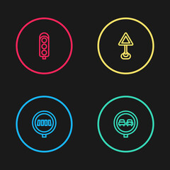 Set line Pedestrian crosswalk, No overtaking road traffic, Triangle warning blank and Traffic light icon. Vector