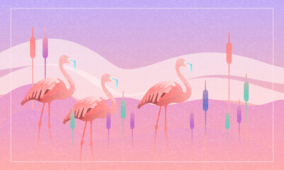 Abstract jungle! vector decorative illustration of tropical bird - pink flamingo. Hand drawn geometric art for poster, postcard, fabric, packaging, templates. EPS10