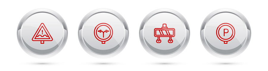 Set line Uneven road ahead sign, Fork in the, Road barrier and Parking. Silver circle button. Vector