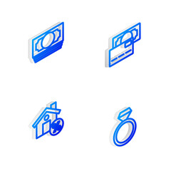 Set Isometric line Credit card, Stacks paper money cash, House with percant discount and Diamond engagement ring icon. Vector