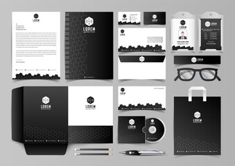 Stationery Corporate Brand Identity Mockup set with black hexagon abstract geometric design. Business stationary mockup template of Guide, annual report cover, brochure, bag, corporate Letterhead.