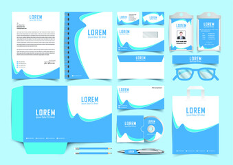 Stationery Corporate Brand Identity Mockup set with blue and cyan abstract geometric design. Business stationary mockup template of Guide, annual report cover, brochure, bag, corporate Letterhead.