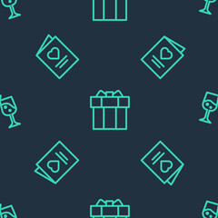 Obraz premium Set line Gift box, Postcard with heart and Glass of champagne on seamless pattern. Vector