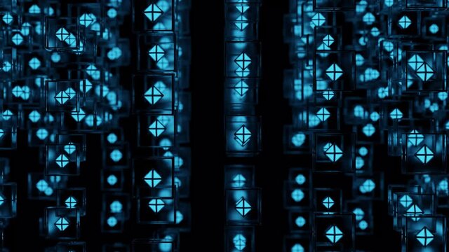 beautiful blue crystals in the glass. Abstract animation of moving energy particles 3D render.