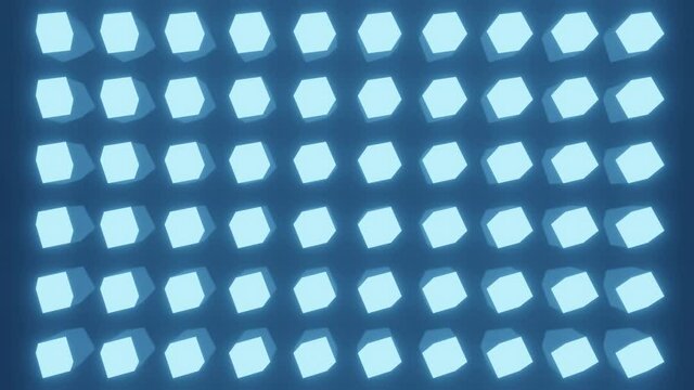 Rotation of blue neon 3D figures 4k video.Abstract 3D animation as rotating glowing cubes.
