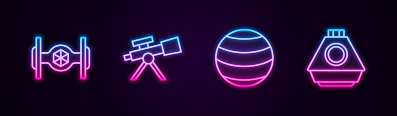 Set line Cosmic ship, Telescope, Planet and Space capsule. Glowing neon icon. Vector