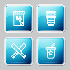 Set line Calendar with date July 4, Paper glass, Crossed baseball bat and straw icon. Vector