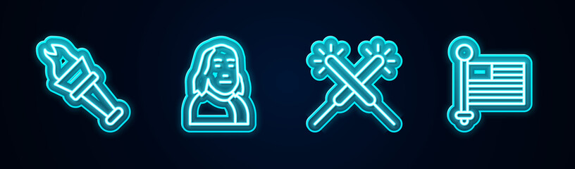 Set line Torch flame, Benjamin Franklin, Sparkler firework and American flag. Glowing neon icon. Vector