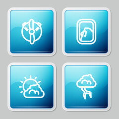 Set line Plane propeller, Airplane window, Sun and cloud weather and Storm icon. Vector