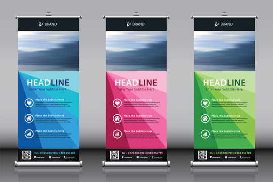 Roll up banner design collection with blue green pink colorful background and image. Editable vertical template 3 vector set, modern standee and flag banner