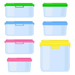 A set of vector containers for carrying and storing food. Plastic or glass containers with lids.