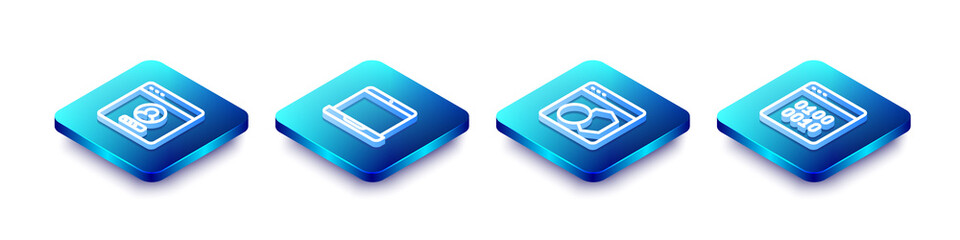 Set Isometric line Create account screen, Laptop, Software and Binary code icon. Vector