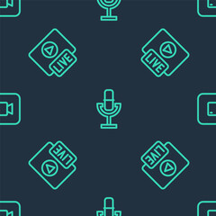 Set line Microphone, Live stream and Play video button on seamless pattern. Vector