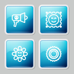 Set line Megaphone, LSD acid mark, Flower and Sun icon. Vector