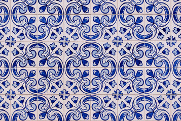 Pattern of blue arabesques  on a Portuguese tile panel