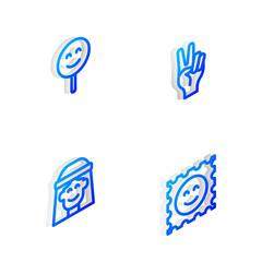 Set Isometric line Peace symbol, Smile face, Hippie girl and LSD acid mark icon. Vector