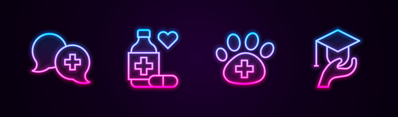 Set line Dialogue with doctor, Medicine bottle and pills, Veterinary clinic and Education grant. Glowing neon icon. Vector