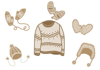 winter clothes festive illustrations isolated on white background