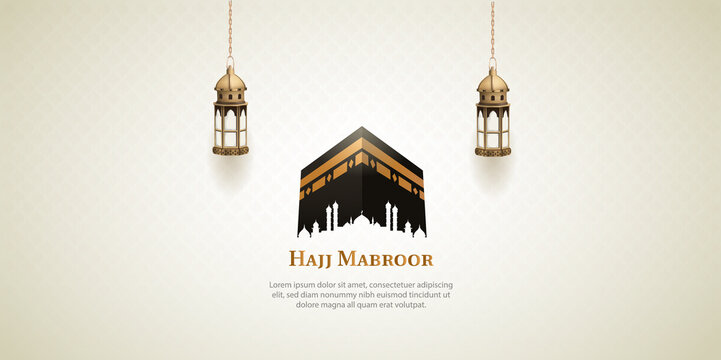 islamic hajj pilgrimage card design with two gold lanterns and holy kaaba
