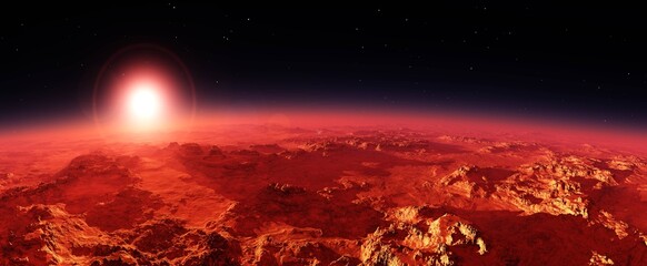 Alien surface of the planet at sunrise, Martian sunset, Mars at sunset, Sunrise on Mars, 3D rendering