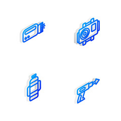 Set Isometric line Photo camera for diver, Flashlight, Aqualung and Fishing harpoon icon. Vector