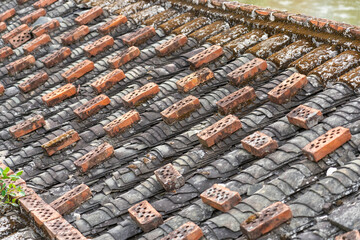 China Fujian Province Xiapu Jiangsha Village. Tile roofs create patterns above the village.