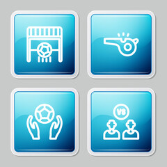 Set line Football goal with ball, Whistle, Soccer football and or soccer player icon. Vector