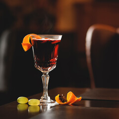Sangria berry wine on table with grapes and orange peel on it. Backlit Crystal glass with red Alcoholic drink. Copy space at right side.