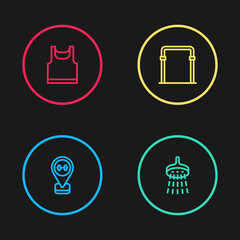Set line Location gym, Shower, Sport horizontal bar and Sleeveless t-shirt icon. Vector