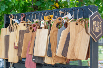 Cutting boards on the showcase. Sale.