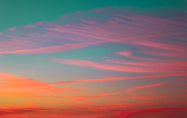 colorful sunset sunrise of purple, pink, and orange streaked stratus clouds against a bright aqua...