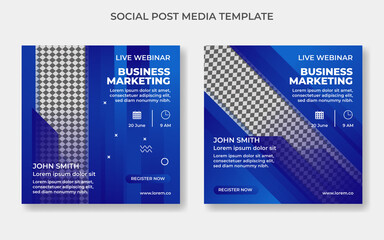 Square social post media template banner live webinar business marketing promotion. Modern blue geometric shapes. Editable text.