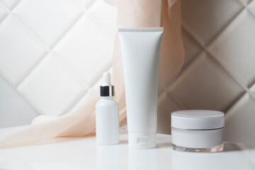 mockup of beauty fashion cosmetic makeup bottle lotion  serum product with skincare healthcare concept on background