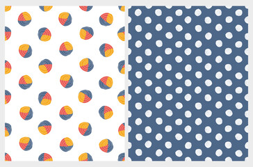 Hand Drawn Childish Style Geometric Vector Patterns.  Irregular Dots Isolated on a White and Dark Blue Background. Funny Simple Dotted Print ideal for Textile, Fabric. Freehand Brush Spots.