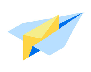 Isometric paper airplane with an envelope. A paper plane is flying to deliver a letter in an envelope.
