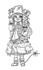 Fantasy character with long hair in pirate hat with heart, daring mouse girl in jacket with a pattern, with big bow-knot and torn skirt, robber with earrings and rings, cartoon animal in full growth.