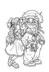 Cartoon characters, sailor in a peakless cap with bouquet tulips and kind girl in a dress with a bow-knot, a cute couple in love with hearts around, funny creatures with long ears and chubby cheeks.