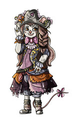 Fantasy character with long hair in pirate hat with heart, daring mouse girl in jacket with a pattern, with big bow-knot and torn skirt, robber with earrings and rings, cartoon animal in full growth.