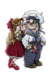 Cartoon characters, sailor in a peakless cap with bouquet tulips and kind girl in a dress with a bow-knot, a cute couple in love with hearts around, funny creatures with long ears and chubby cheeks.