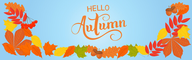 Hello autumn - seasonal cover template, orange and yellow leaves background. Beautiful screensaver for wallpaper or postcards.