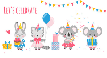 Bunny,koala,cat,mouse.Party-invitations,posters,postcards.Vector illustration.Happy birthday celebration for children.