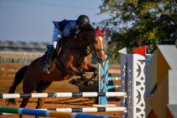 Rider on horse jumping over a hurdle during the equestrian event	
